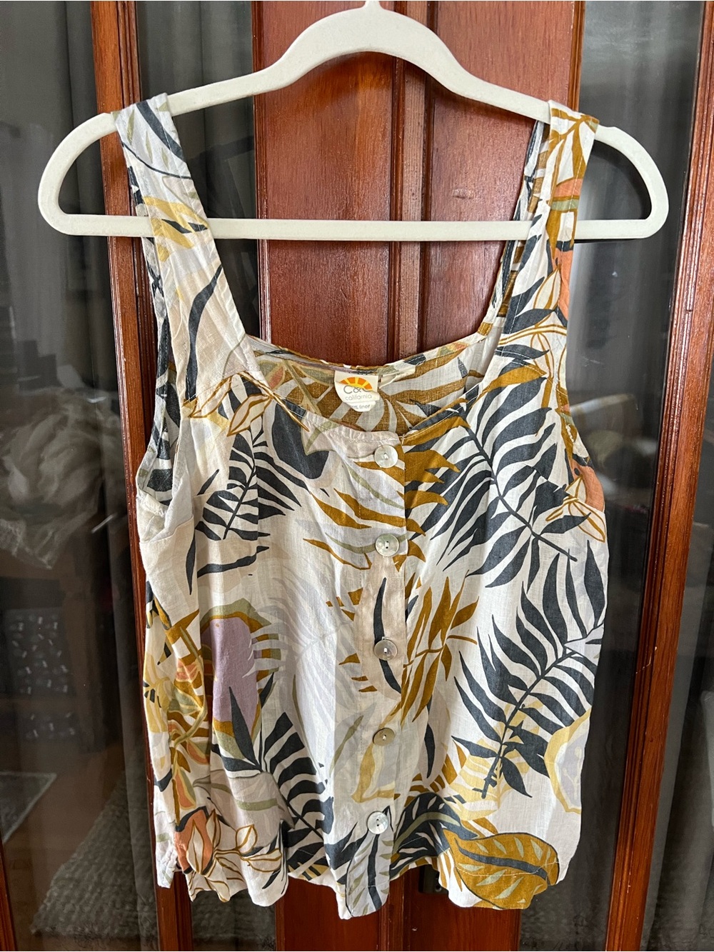 Button Front Tropical Print Tank Top 100% Linen - Picture 1 of 13
